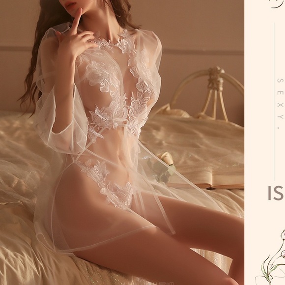 erotic underwear sexy petal one-piece perspective three-point pajamas outer gown - Picture 2 of 11